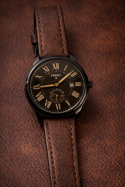 Fossil Q Men’s Analog Watch with Black Dial, Roman Numerals & Brown Leather Strap