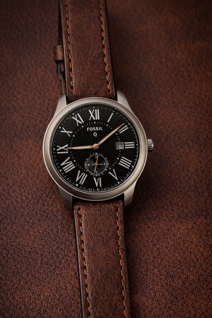 Fossil Q Men’s Classic Analog Watch with Black Roman Dial & Brown Leather Strap