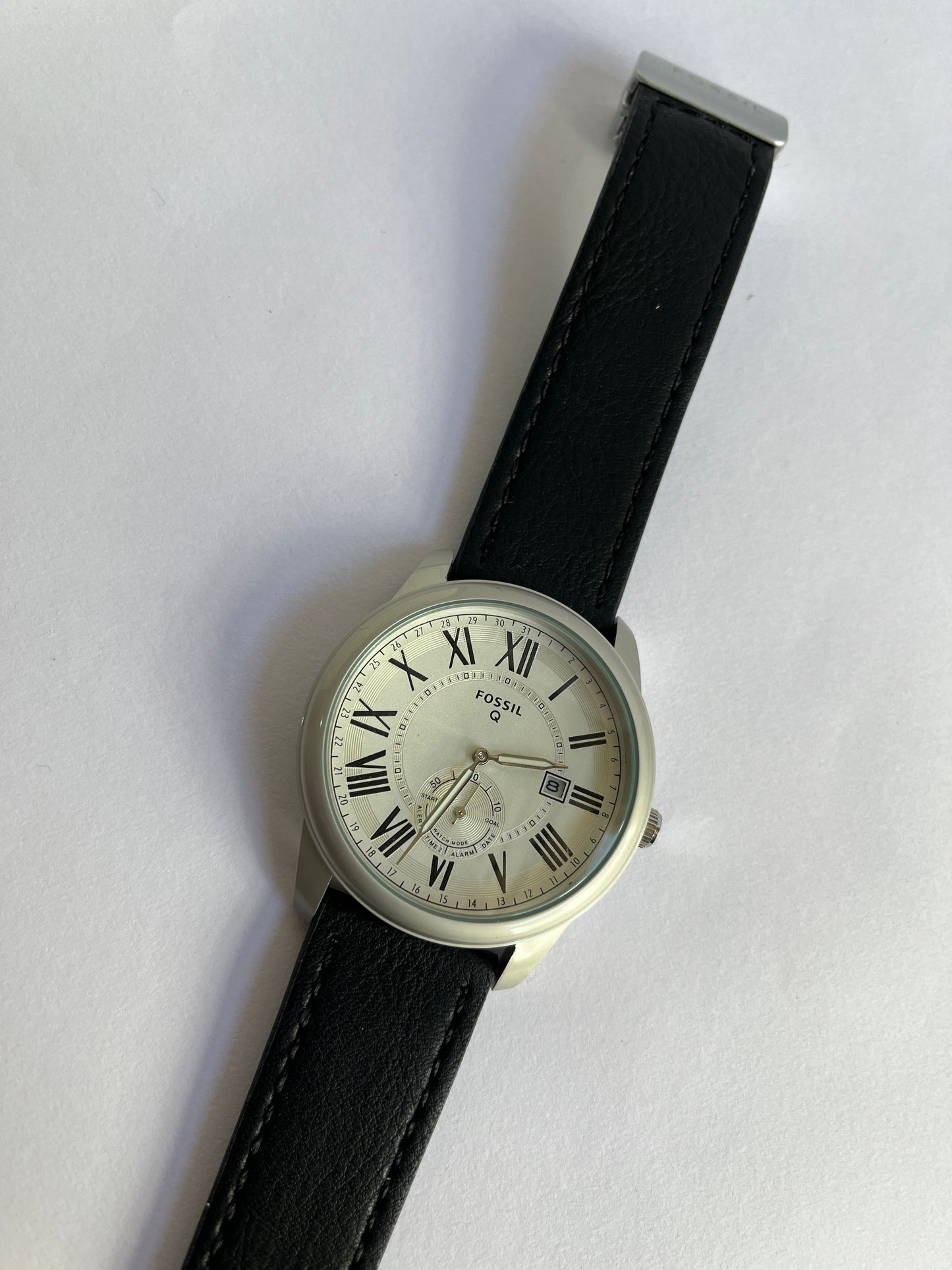 Fossil Q Men’s Classic Analog Watch with White Roman Dial & Black Leather Strap