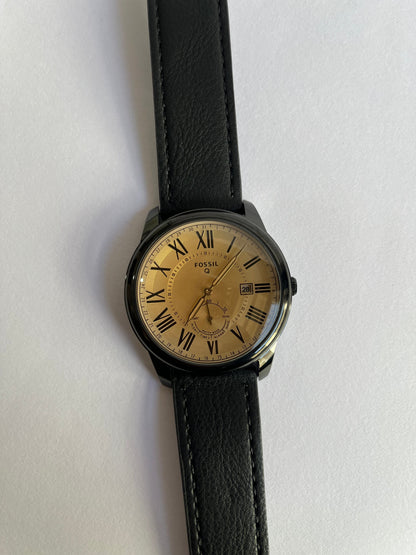 Fossil Q Men’s Classic Analog Watch with Gold Dial, Roman Numerals & Black Leather Strap