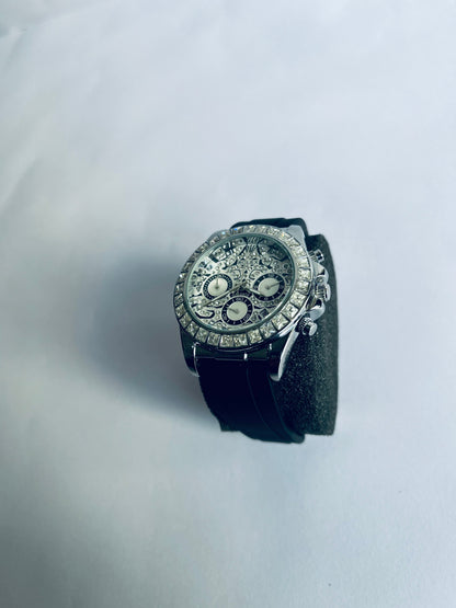 Rolex Daytona Diamond Bezel Luxury Chronograph Watch with Black Rubber Strap