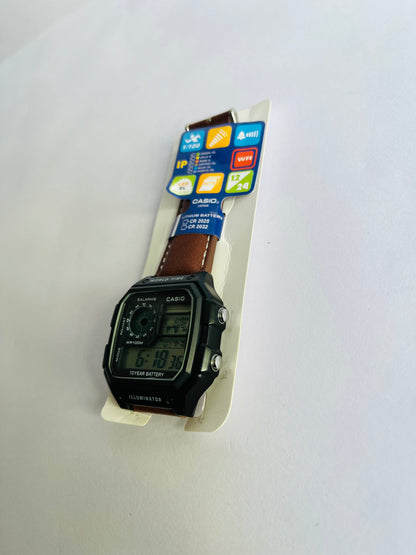 Digital Sports Watch with Brown Leather Strap, World Time & Illuminator