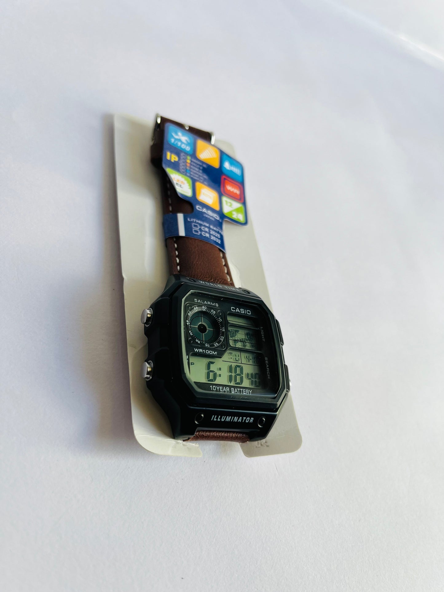Digital Sports Watch with Brown Leather Strap, World Time & Illuminator