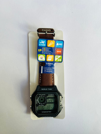 Digital Sports Watch with Brown Leather Strap, World Time & Illuminator
